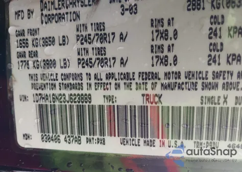 2003 Dodge Ram 1500 Slt/Laramie/St from USA, damaged, VIN 1D7HA16N23J623889